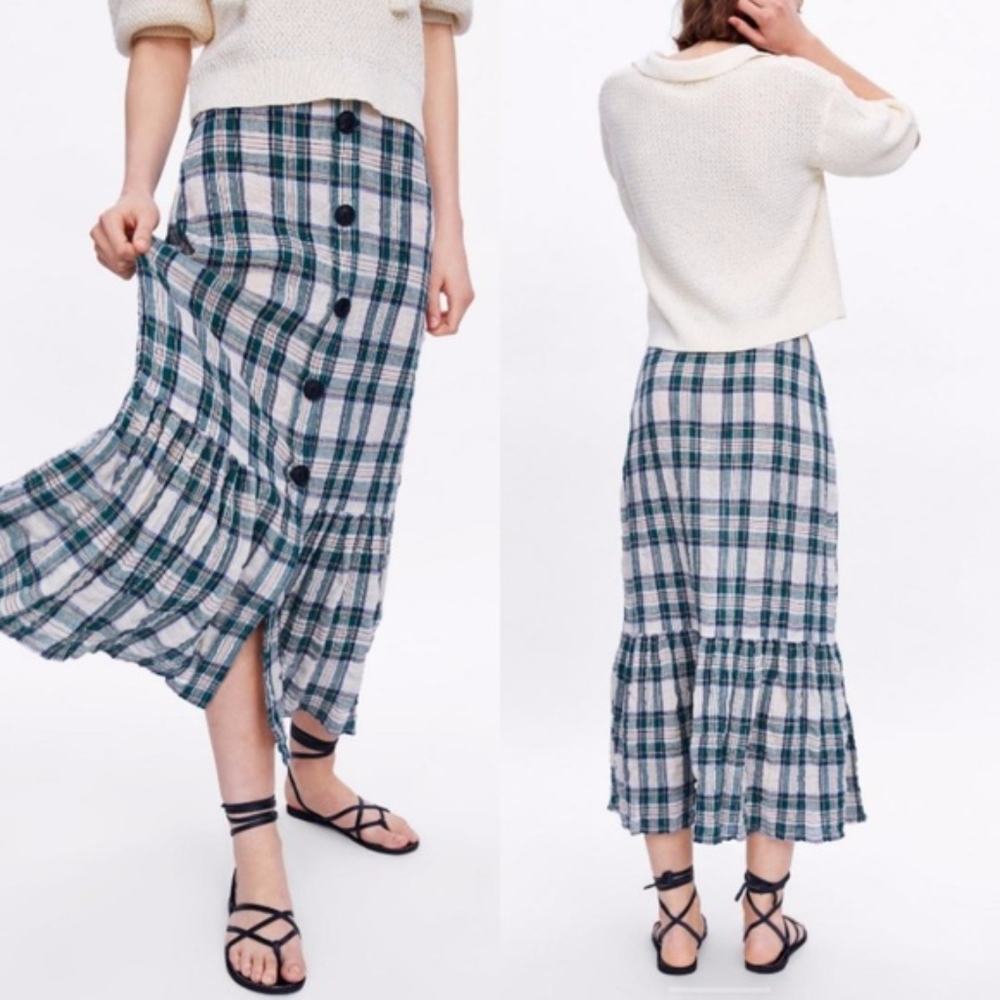 NWT ZARA PLAID CHECKED BUTTION RUFFLE MIDI SKIRT XS